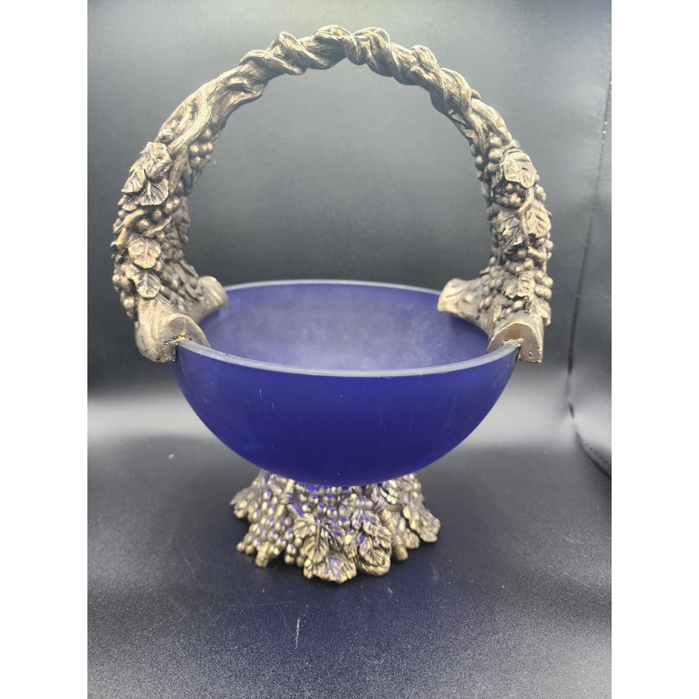 Cobalt Blue Glass Basket Silver Pedestal Grapes Vines